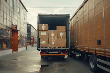 Boxes packed and loaded into large truck outside logistics center