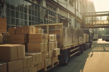 Boxes packed and loaded into large truck outside logistics center
