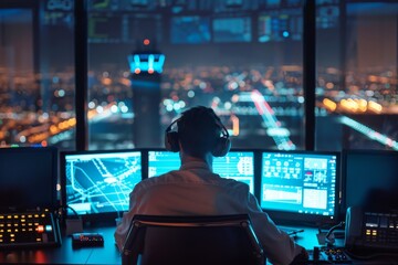 Fototapeta premium Rear view of a air traffic controller at his position
