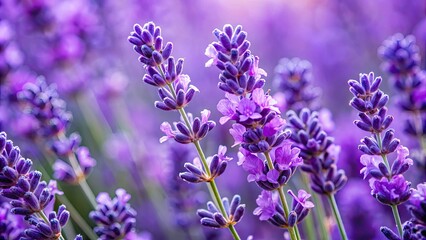 Delicate purple petals of a freshly bloomed lavender flower are sharply focused in this extreme close-up macro photography, showcasing its intricate texture and beauty.
