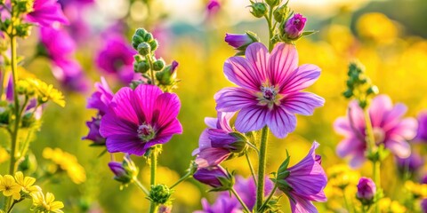 Delicate purple wild mallow blooms entwined with bright yellow inflorescences create a vibrant, whimsical tapestry in a sun-drenched meadow on a warm summer day.