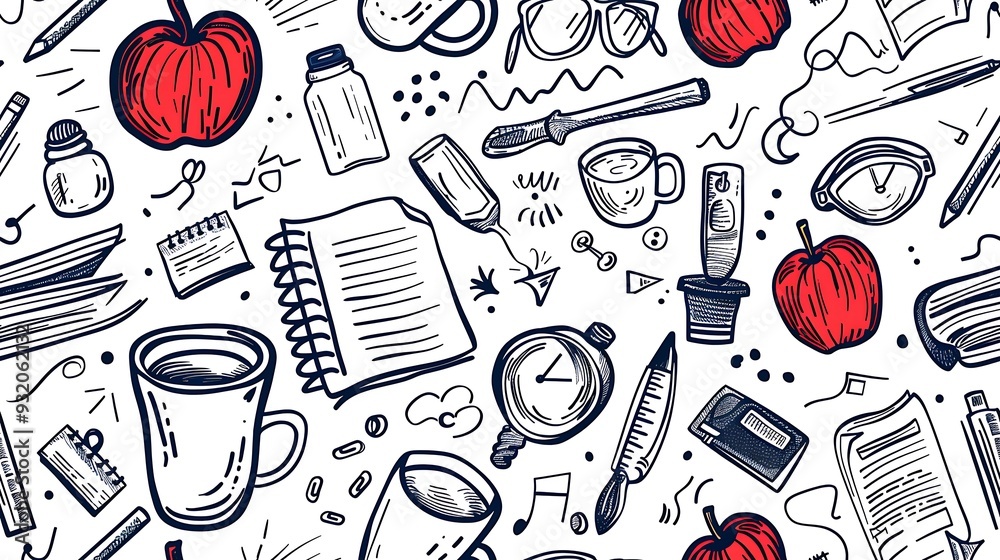 Poster A seamless pattern of doodles with teacher’s desk essentials such as apples, glasses, coffee cups, and lesson plans, alongside sticky notes and textbooks, in a dynamic and bright color scheme,