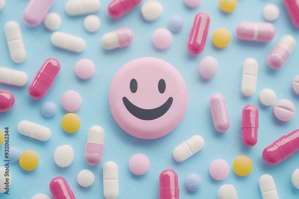 Sticker Playful arrangement of pills and capsules forming a smiley face on a light blue background symbolizing creativity and positivity in healthcare