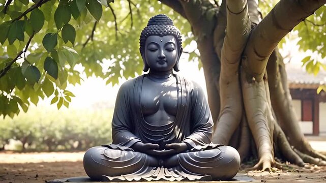 Buddha meditating under a fig tree. High quality FullHD footage