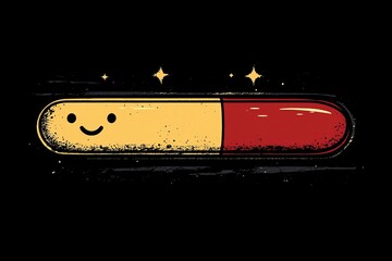Minimalist illustration of a glowing capsule with a smiling face on a black background representing simplicity and positivity in healthcare