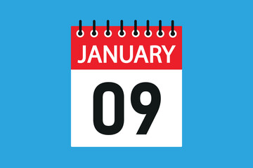 09 January. 9th january professional modern exclusive daily calendar design. Meeting schedule flat icon icon design. White and red color paper. White,black color text. Vector illustration eps 10.