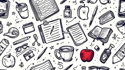 A seamless pattern of doodles with teacher’s desk tools such as apples, glasses, coffee cups, and lesson plans, mixed with study items like sticky notes and textbooks,