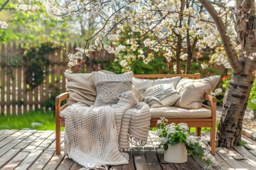 Cozy wooden terrace with rustic wooden furniture