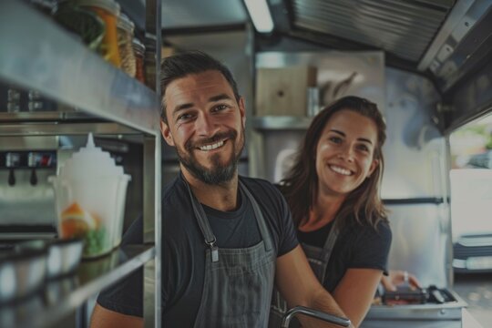 Male and female food truck owners working together