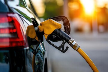 Fuel pump refueling a car at a gas station during sunset, capturing the warm glow of the setting sun. The image focuses on the fuel nozzle and car.