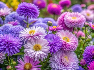 Obraz premium Delicate violet chrysanthemums and lilac Asters bloom alongside Callistephus and annual asters, filling the autumn garden with a kaleidoscope of soft, pastel hues and textures.