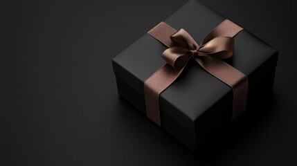 Obraz premium Black gift box with brown ribbon on black background