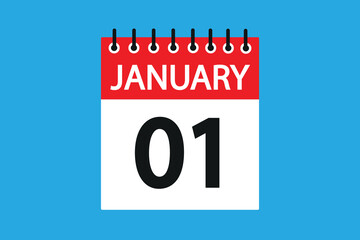 01 January. 1st january professional modern exclusive daily calendar design. Meeting schedule flat icon icon design. White and red color paper. White,black color text. Vector illustration eps 10.