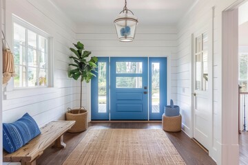 Shiplap walls , natural fiber rug and a glorious blue door in coastal entryway home interior