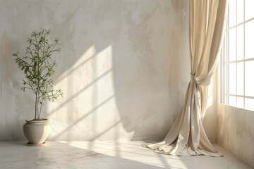 Interior home design white concrete wall with beige curtains