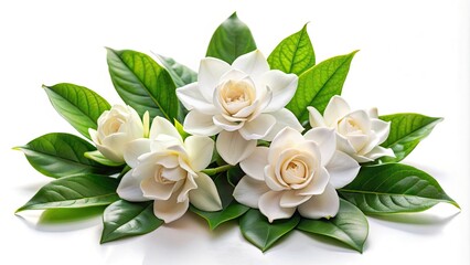 Delicate white gardenias bloom amidst lush green leaves, creating a serene and elegant still life arrangement against a crisp white background.