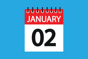 02 January. 2nd january professional modern exclusive daily calendar design. Meeting schedule flat icon icon design. White and red color paper. White,black color text. Vector illustration eps 10.
