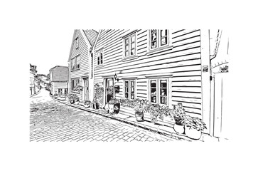 Print Building view with landmark of Stavanger is the city in Norway. Hand drawn sketch illustration in vector. 