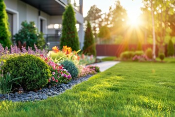 Obraz premium Perfect manicured lawn and flowerbed with shrubs