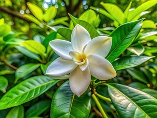 Obraz premium Delicate white Wijaya Kusuma flower, symbolizing glory, blooms amidst lush green leaves, its beauty untainted by time, in a serene natural setting.