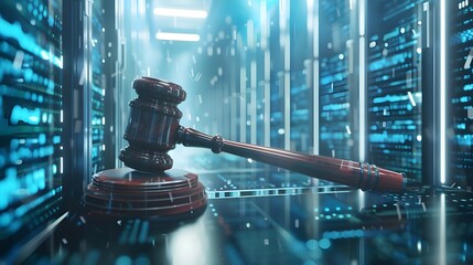 Judge gavel on background of data center. Digital law concept of duality of Judiciary, Jurisprudence and Justice and data in the modern world. Make a copy of space. Using generative AI as a basis