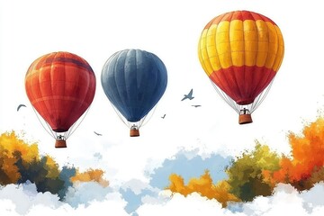 Fototapeta premium Colorful Hot Air Balloons Flying in the Sky with Watercolor Background