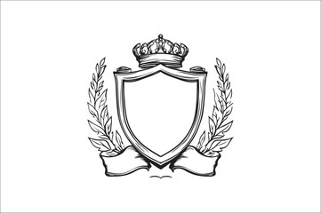 Obraz premium Crown headed Shield silhouette. Heraldic emblem crest shield with crown on white background.