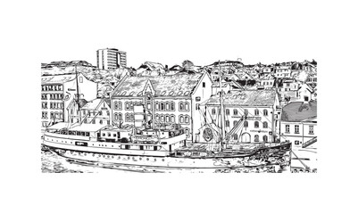 Obraz premium Print Building view with landmark of Stavanger is the city in Norway. Hand drawn sketch illustration in vector. 
