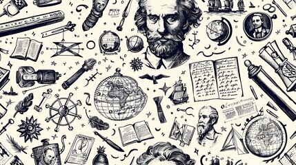 A seamless pattern showcasing doodles of historical artifacts like scrolls, ancient manuscripts, and globes, mixed with portraits of historical figures, in a muted color palette,