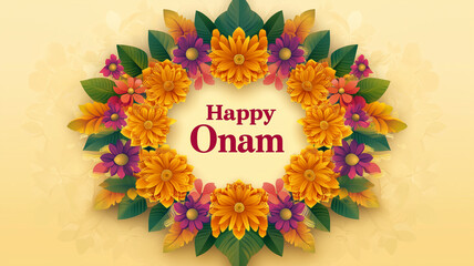 Illustration, traditional indian pookalam, text " Happy Onam". south Indian festival, happy Onam greetings background. Background for Indian Onam festival, annual harvest and cultural festival related