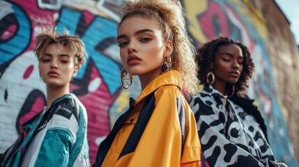 Obraz premium Three young women pose confidently in vibrant street fashion against a colorful graffiti background. This stylish image captures the essence of modern urban culture. AI