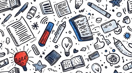 A seamless pattern showcasing doodles of language learning tools like dictionaries, flashcards, and speech bubbles filled with foreign characters, in a vibrant color palette,