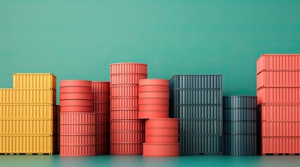 Colorful shipping containers stacked against a vibrant teal backdrop, showcasing modern logistics and cargo transport concepts.