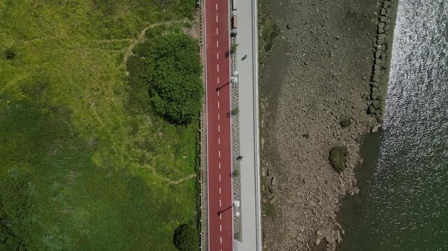 Bird's eye drone footage of a bike path and a walkway along Nervion River in Leioa, Biscay, Spain