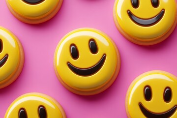 Fototapeta premium Yellow smiley face pills arranged on a pink background symbolizing the uplifting and joyful effects of medicine and healthcare in a vibrant and cheerful design