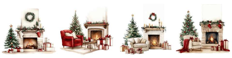 Cozy holiday scene with festive decorations, elegant trees, and warm fireplaces creating a perfect Christmas atmosphere.
