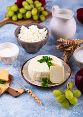 Judaic holiday Shavuot concept. Tzfat cheese and dairy products