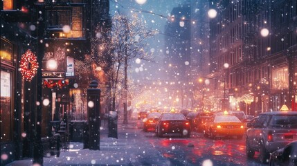 Fototapeta premium cold snowy winter in new york city usa, beautiful cozy christmas view atmosphere. foggy evening with light lanterns. traffic road with cars. wallpaper background 16:9
