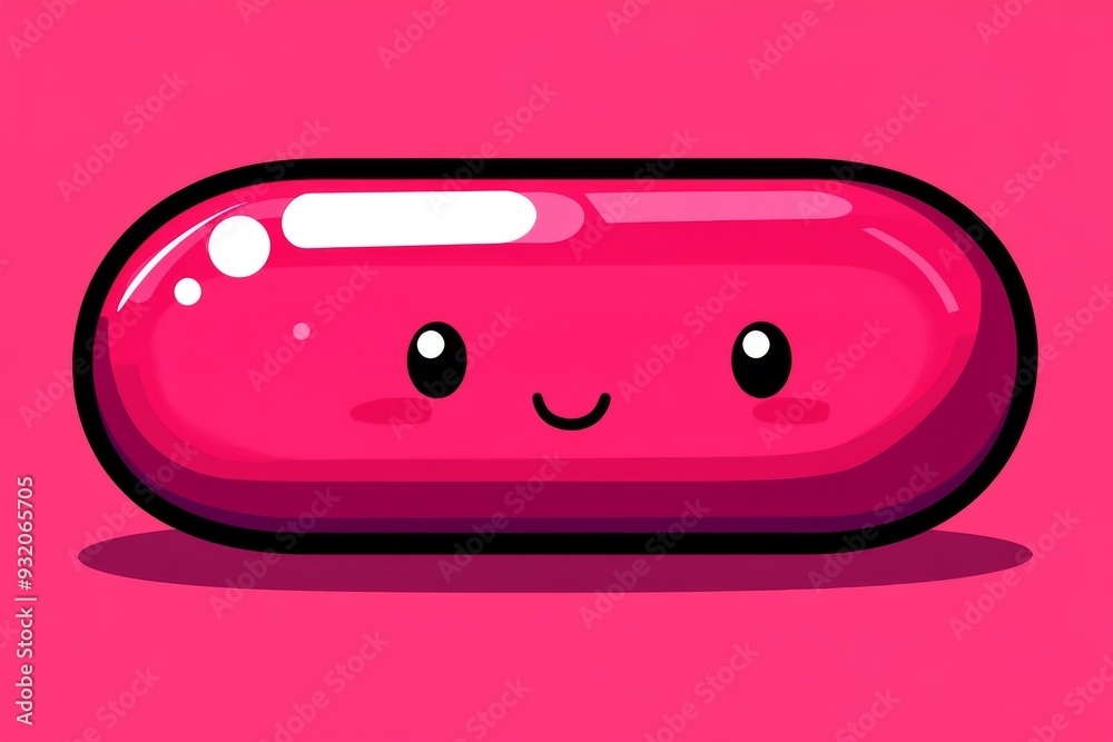 Poster cute cartoon style pink pill with a smiling face symbolizing a cheerful and fun approach to medicine