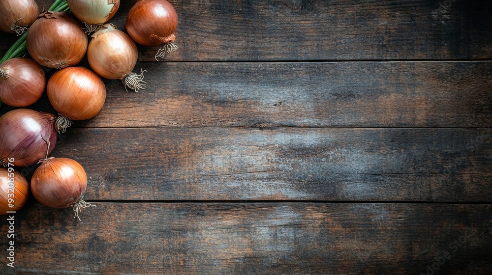 Canvas Prints Fresh Onions on Rustic Wooden Background - A group of fresh onions arranged on a rustic wooden background, symbolizing fresh produce, rustic charm, culinary ingredients, healthy eating, and natural be