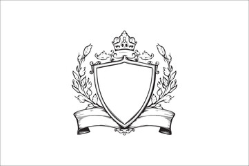Obraz premium Crown headed Shield silhouette. Heraldic emblem crest shield with crown on white background.