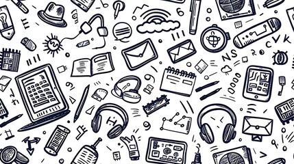 A seamless pattern showcasing doodles of tech gadgets like laptops, tablets, headphones, and coding symbols, mixed with circuit boards and binary code, in a sleek color palette,