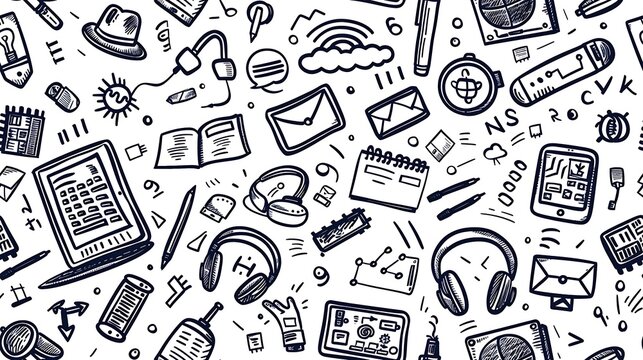 A seamless pattern showcasing doodles of tech gadgets like laptops, tablets, headphones, and coding symbols, mixed with circuit boards and binary code, in a sleek color palette,