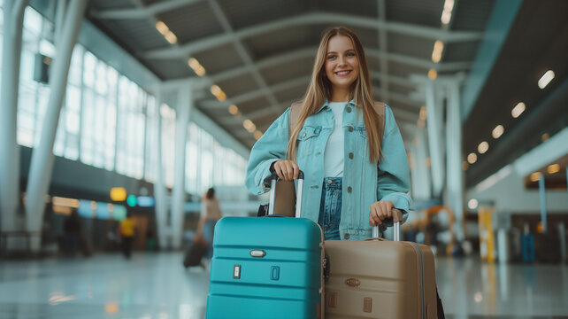 Chica Esperando con Maletas en el Aeropuerto