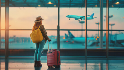 Chica Esperando con Maletas en el Aeropuerto