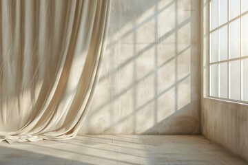 Interior home design white concrete wall with beige curtains