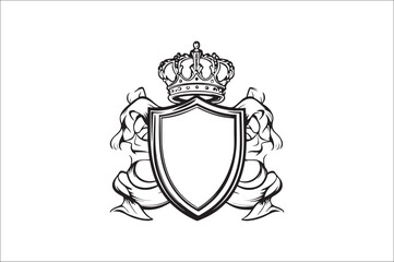 
Crown headed Shield silhouette.  Heraldic emblem crest shield with crown on white background.