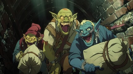 Three goblins excitedly carry stolen treasure bags through a dark underground tunnel