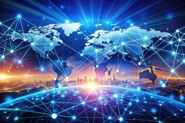 Digital futuristic background with connected graphs, lines, and glow effects, representing global data exchange, network, and connectivity in the digital information age.