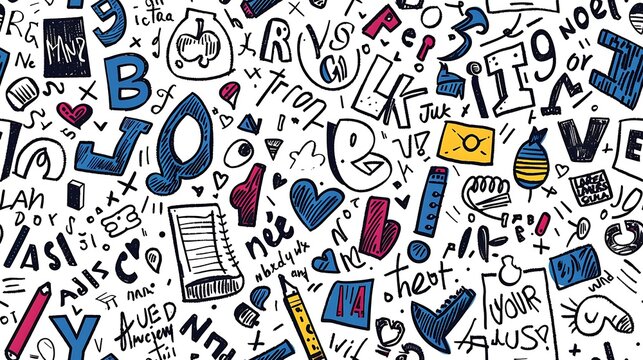 A seamless doodle pattern featuring a chaotic mix of letters and numbers in different fonts and sizes, scattered throughout the design, vibrant colors, on a white background, fun and whimsical,